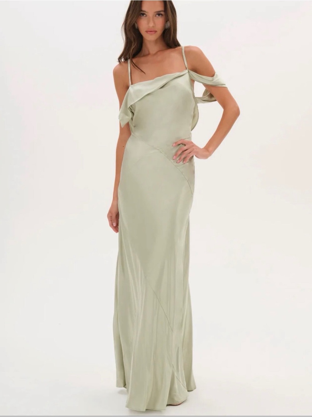 For Love & Lemons Sage Green Satin One-Shoulder Slip Gown
